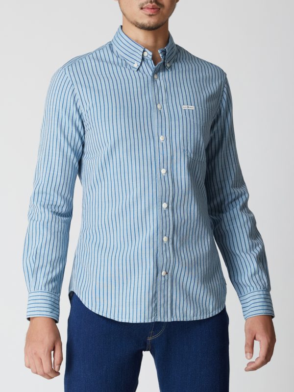 BN Natural Blue Button Down Blue Stripe Shirt Long Sleeve - Image 3
