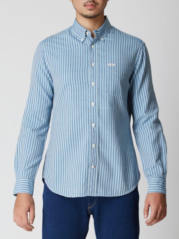 BN Natural Blue Button Down Blue Stripe Shirt Long Sleeve - Image 4