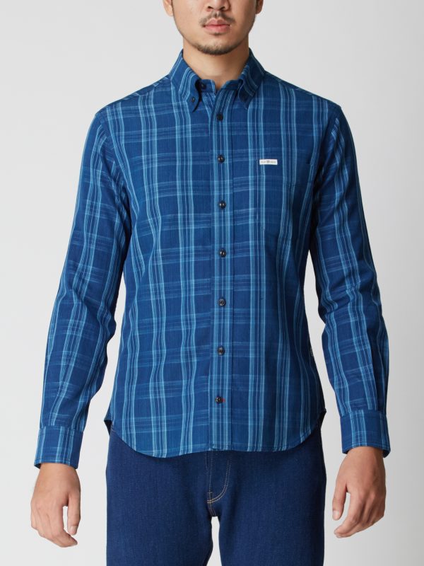 BN Natural Blue Button Down Blue Plait Shirt Long Sleeve (Dark Blue) - Image 3