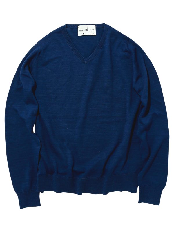 BN Natural Blue V-Neck Fine Gauge Sweater Long Sleeve (Medium Blue)